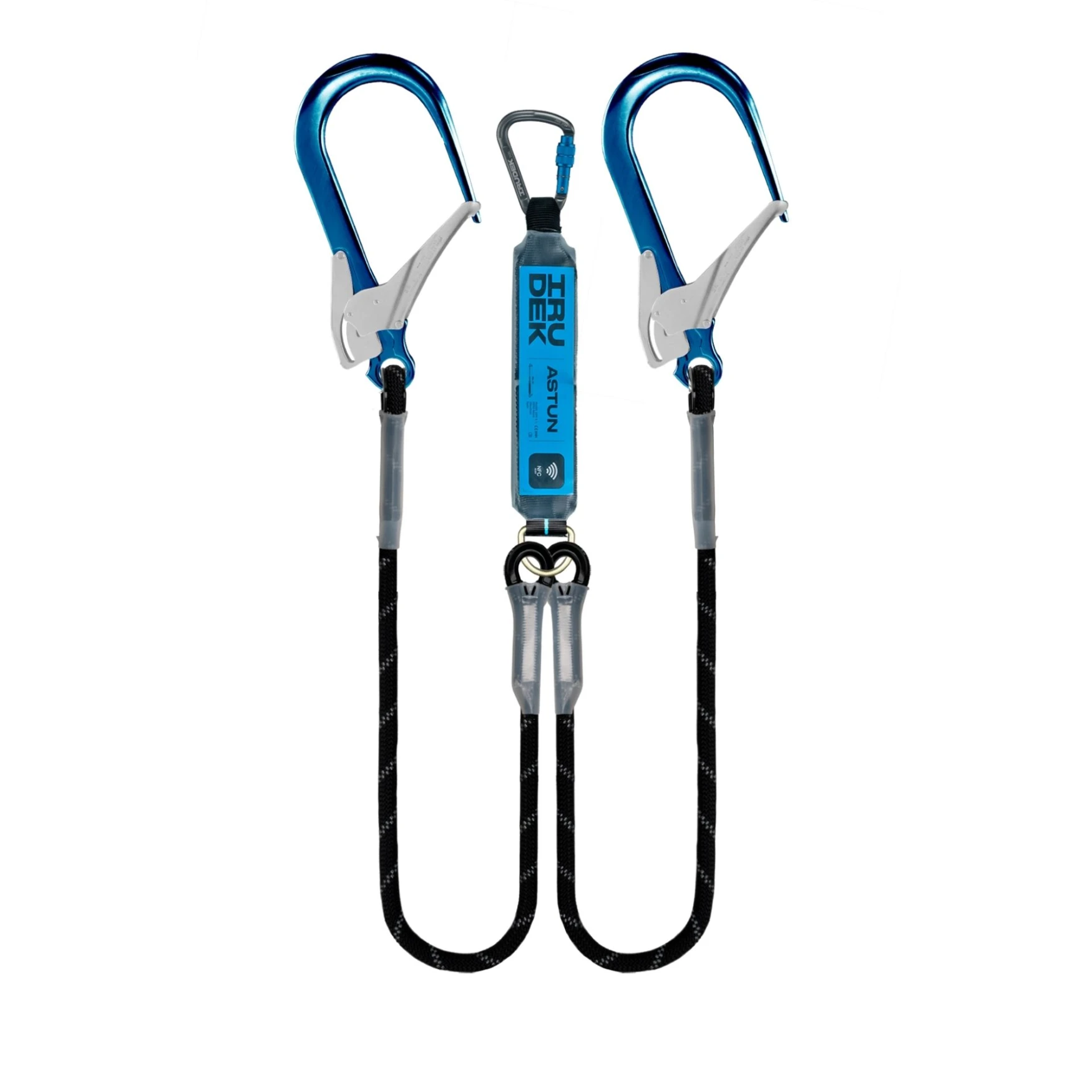 Amortyzator bezpieczeństwa ASTUN FLEX Y 180BHWA – podwójna elastyczna taśma poliestrowa 140–180 cm, karabińczyk 23 mm + 2×60 mm, redukcja siły upadku <6 kN
