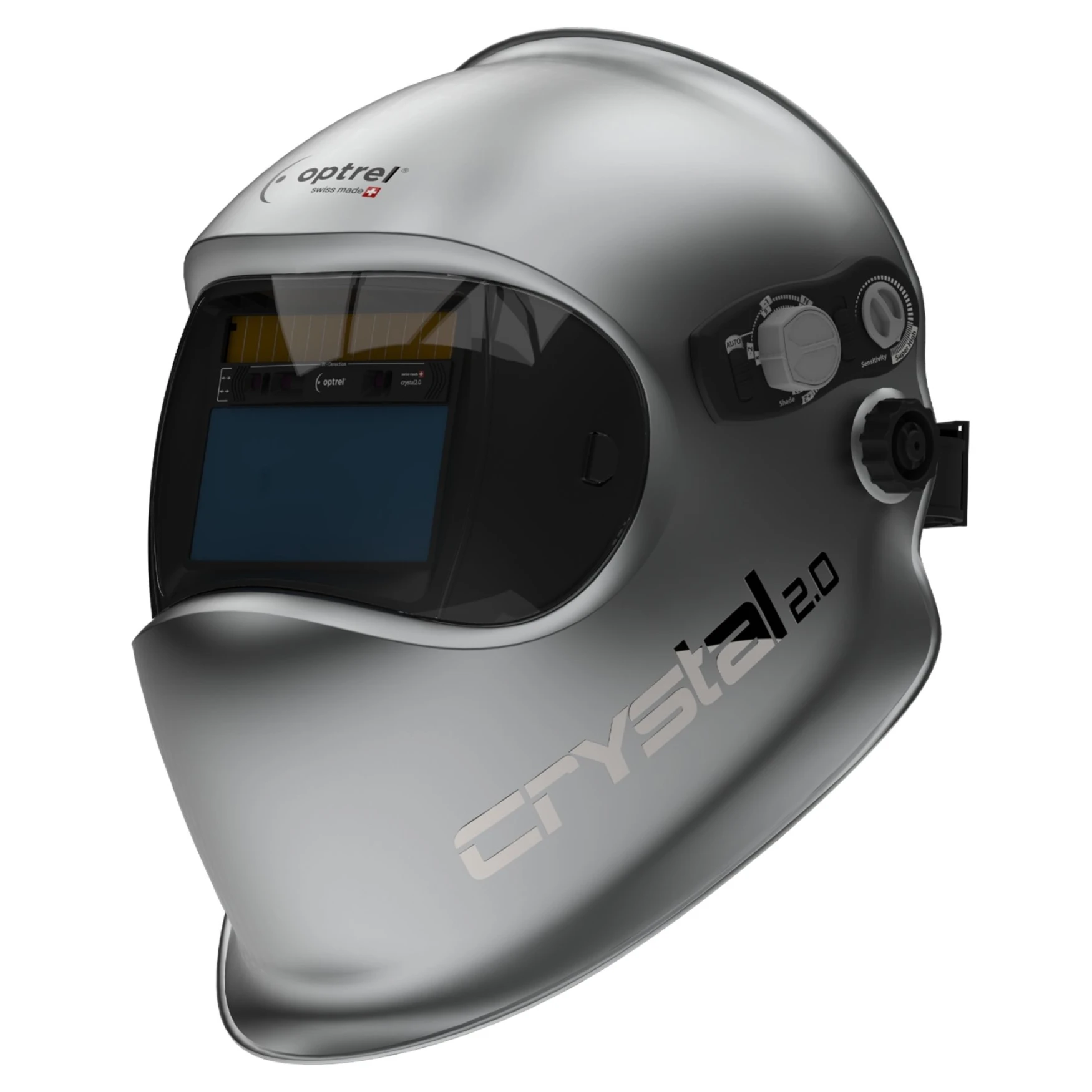 Crystal 2.0 Silver – automatyczna przyłbica spawalnicza ze zmiennym zaciemnieniem 2.0 / 4–12, technologią CLT (Crystal Lens Technology) i srebrną, odbijającą ciepło powłoką. Wyposażona w funkcje: Shadetronic, Fadetronic