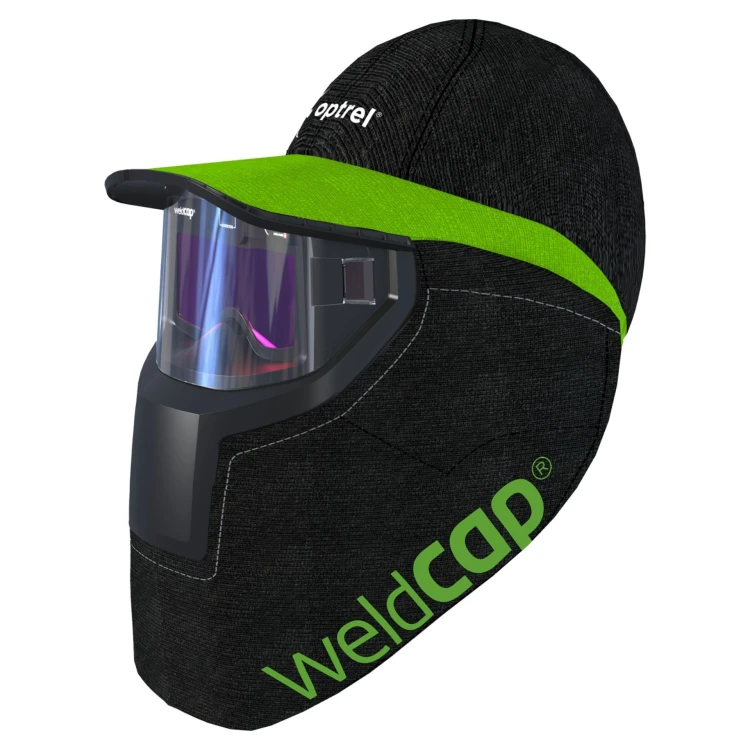 WeldCap Bump – Czapka spawalnicza(czarna) z wkładką ochronną, panoramicznym polem widzenia, regulowanym stopniem zaciemnienia 3/9–12 oraz trybem szlifowania