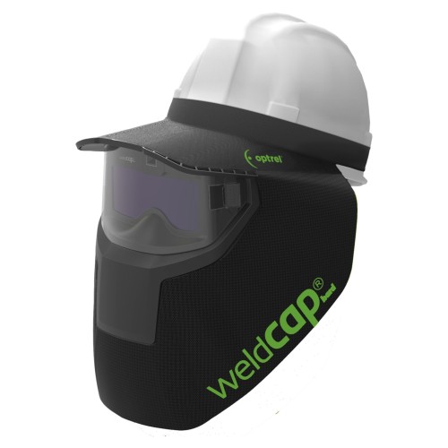 WeldCap Hard – Czapka spawalnicza(czarna) do standardowych hełmów ochronnych, z panoramicznym polem widzenia, regulowanym stopniem zaciemnienia 3/9–12 oraz trybem szlifowania (hełm ochronny nie jest w zestawie)