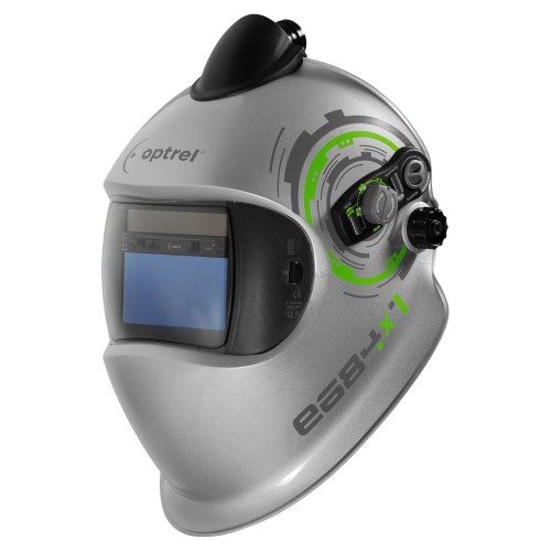 Automatyczna przyłbica spawalnicza E684(srebrna) z dopływem świeżego powietrza, ze zmiennym zaciemnieniem 4 / 5–13, funkcją Autopilot i trybem manualnym, wizjerem HD (1/1/1/1), funkcją zmierzchu, rozpoznawaniem kolorów, regulacją czułości, Sensor Slide