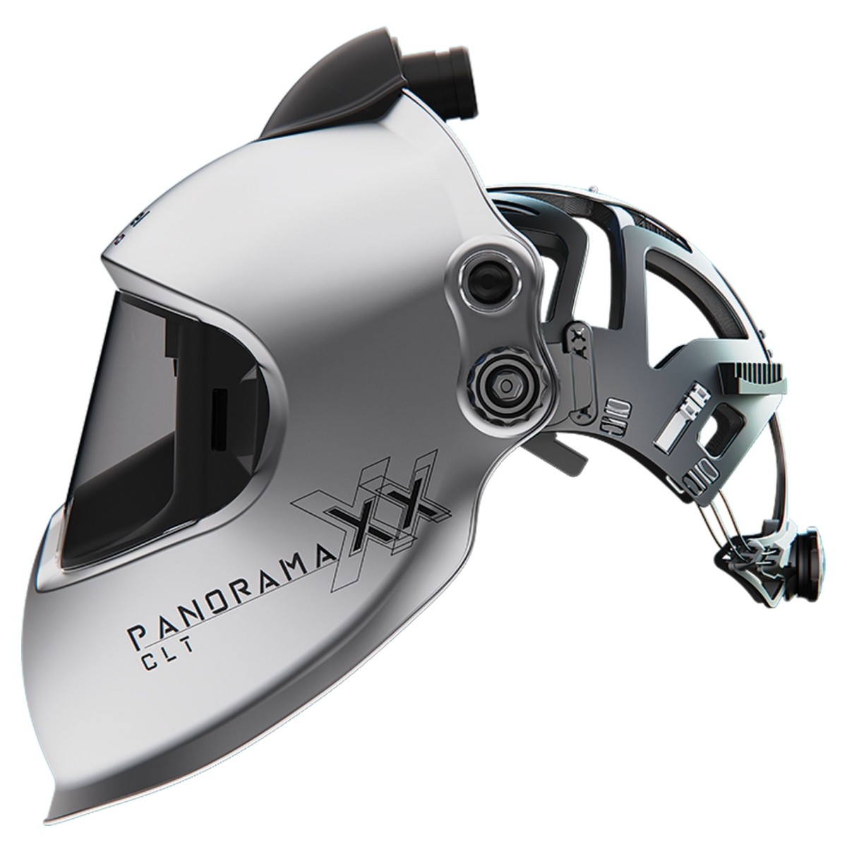 Panoramaxx CLT(srebrny) – Hełm spawalniczy (e3000/X) z dopływem świeżego powietrza, z technologią Crystal Lens i kolorowym, realistycznym panoramicznym widokiem, zmiennym poziomem zaciemnienia ShadeTronic®