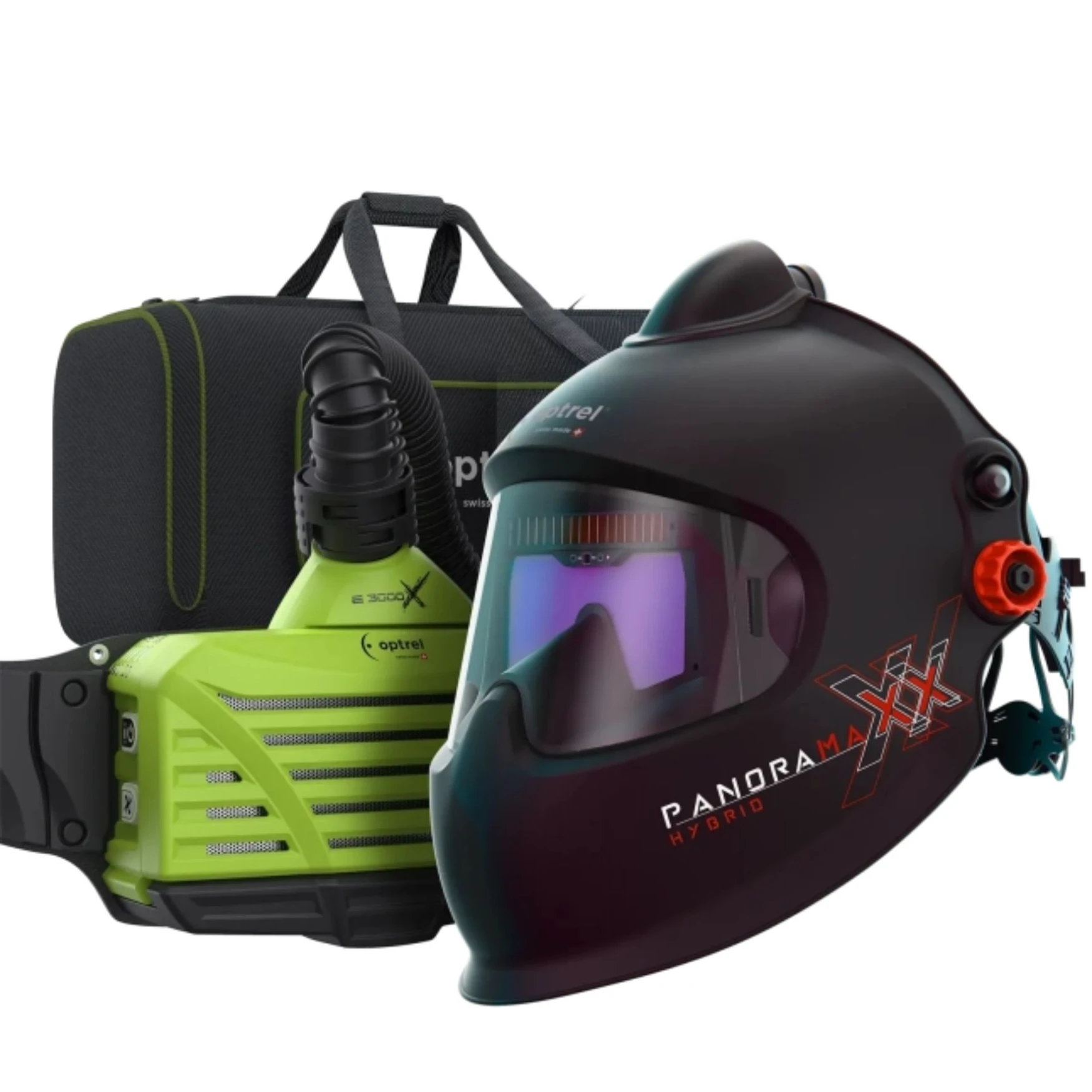 Gotowy zestaw spawalniczy Panoramaxx Pure Air Hybrid – Przyłbica z nawiewem świeżego powietrza, dmuchawa e3000X (ATEX), bateria 18h i torba e3000/X.