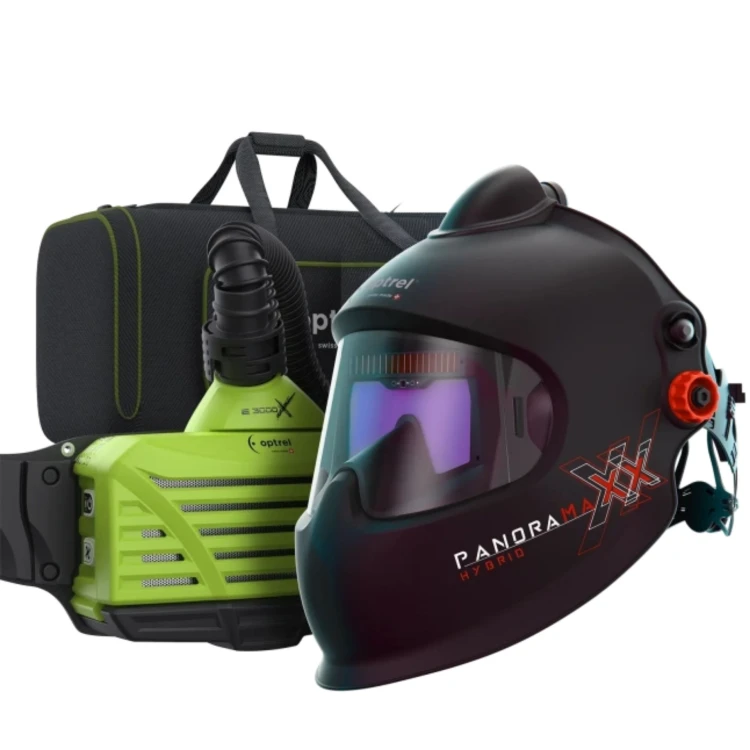 Gotowy zestaw spawalniczy Panoramaxx Pure Air Hybrid – Przyłbica z nawiewem świeżego powietrza, dmuchawa e3000X (ATEX), bateria 18h i torba e3000/X.