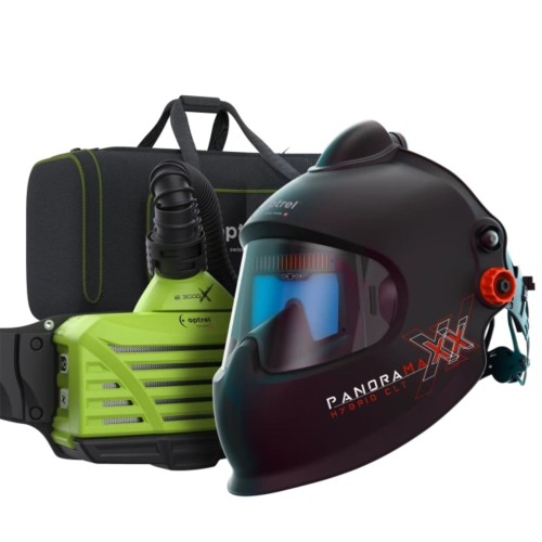 Gotowy zestaw spawalniczy Panoramaxx Pure Air Hybrid CLT – Przyłbica z dopływem świeżego powietrza, dmuchawa e3000X (ATEX), bateria 18h i torba e3000/X.