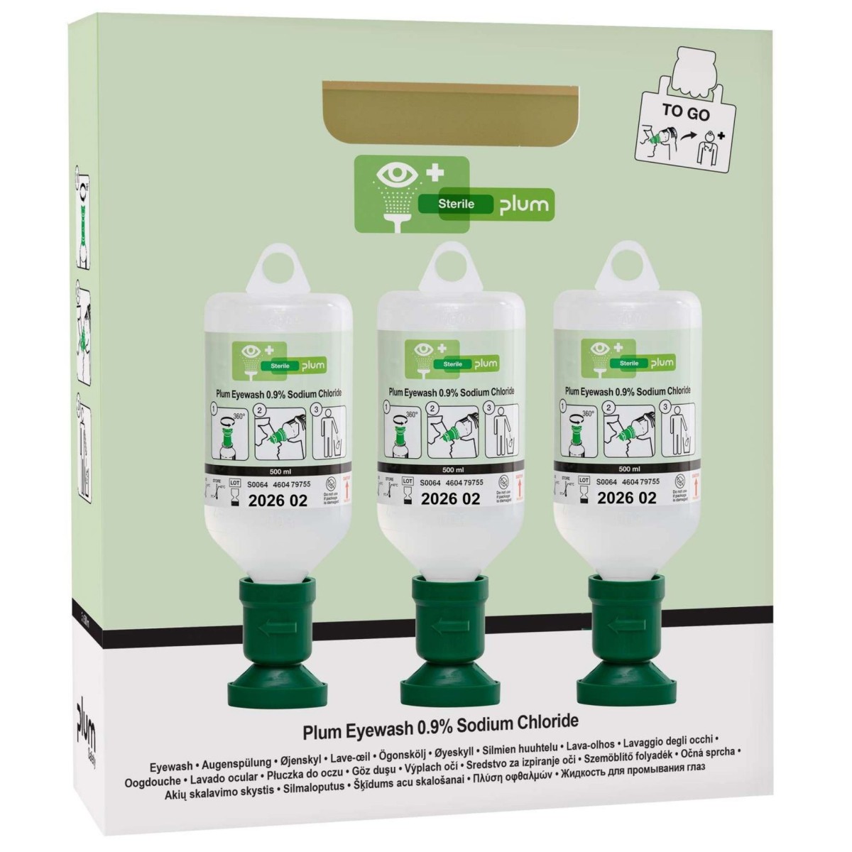 Zestaw płynów do przemywania oczu PLUM Eyewash 0,9% 3 × 500 ml z oczomyjką – wersja mobilna