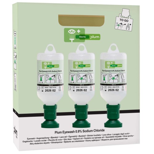 Zestaw płynów do przemywania oczu PLUM Eyewash 0,9% 3 × 500 ml z oczomyjką – wersja mobilna