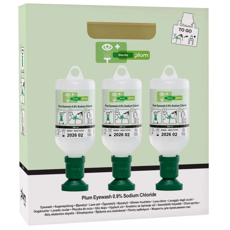 Zestaw płynów do przemywania oczu PLUM Eyewash 0,9% 3 × 500 ml z oczomyjką – wersja mobilna