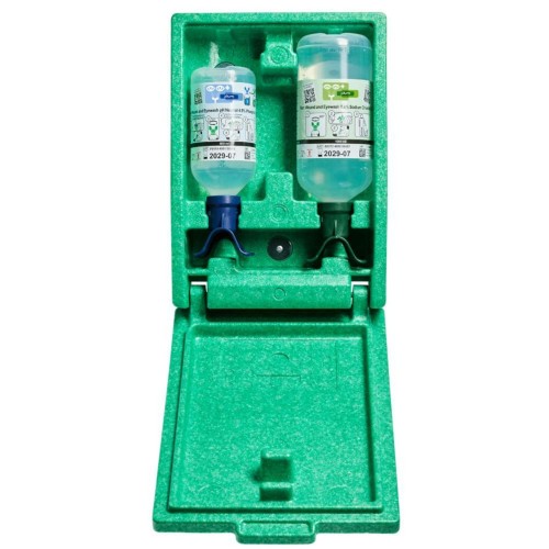 Zamykana stacja do przemywania oczu PLUM Emergency Eyewash DUO – pH Neutral 500 ml + 0,9% 1000 ml