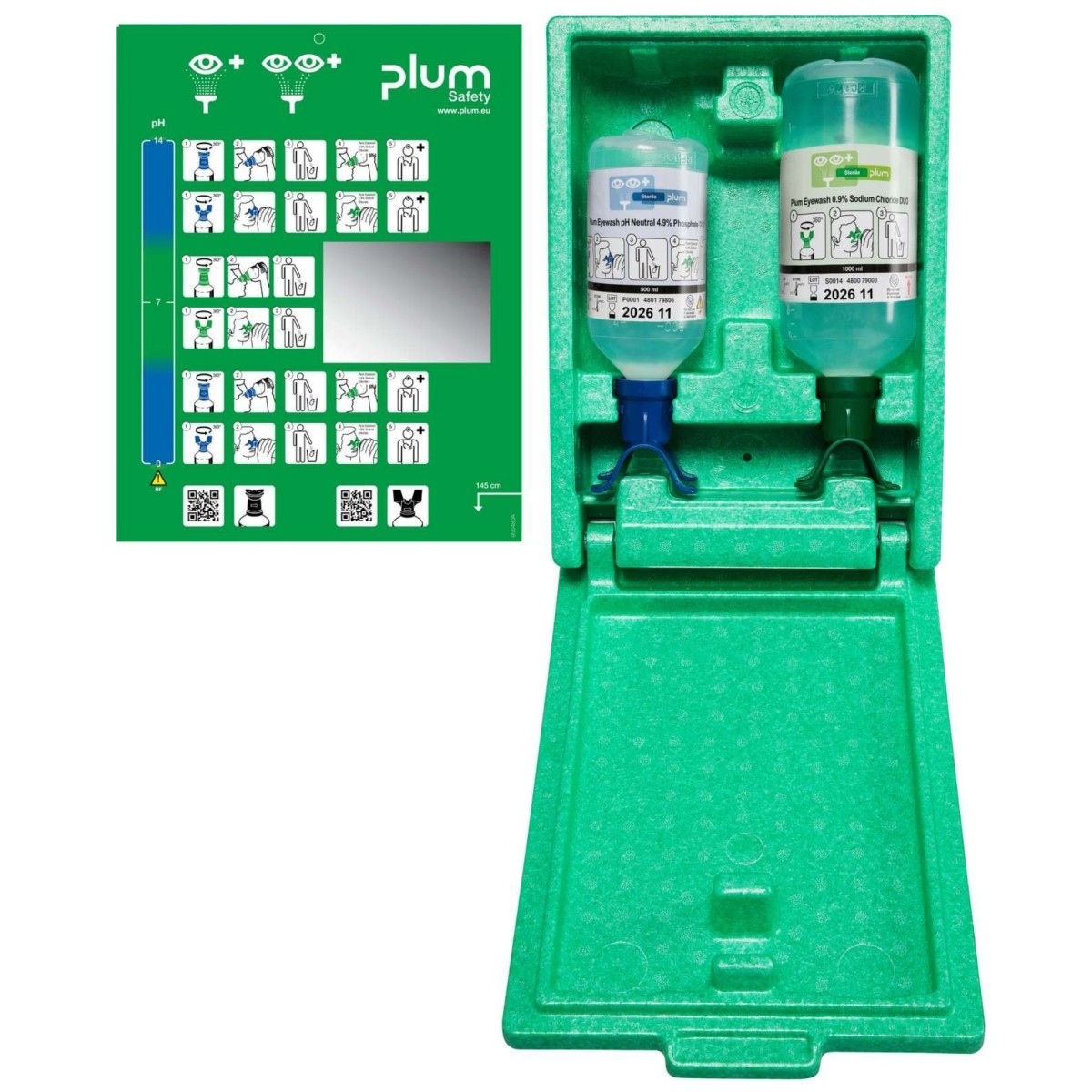 Zamykana stacja do przemywania oczu PLUM Emergency Eyewash DUO – pH Neutral 500 ml + 0,9% 1000 ml