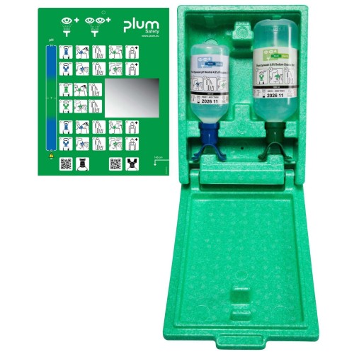Zamykana stacja do przemywania oczu PLUM Emergency Eyewash DUO – pH Neutral 500 ml + 0,9% 1000 ml