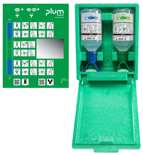 Zamykana stacja do przemywania oczu PLUM Eyewash DUO – pH Neutral 500 ml + 0,9% 500 ml