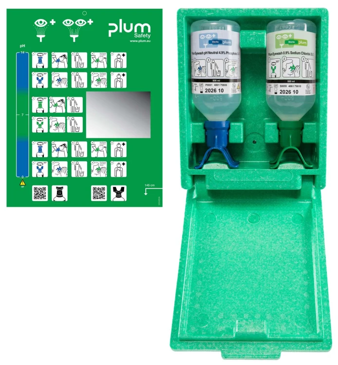 Zamykana stacja do przemywania oczu PLUM Eyewash DUO – pH Neutral 500 ml + 0,9% 500 ml
