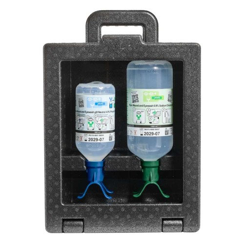 Zamykana stacja do przemywania oczu PLUM iBox 2 Eyewash DUO – pH Neutral 500 ml + 0,9% 1000 ml