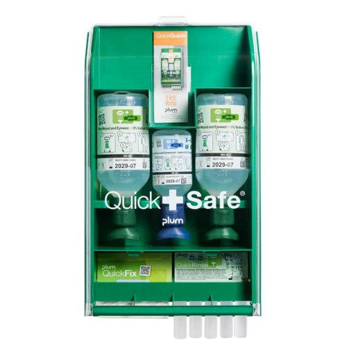 Apteczka ścienna pierwszej pomocy PLUM QuickSafe Basic – zestaw (2× Eyewash 500 ml + pH Neutral 200 ml + QuickRinse 5×20 ml + plastry QuickFix)