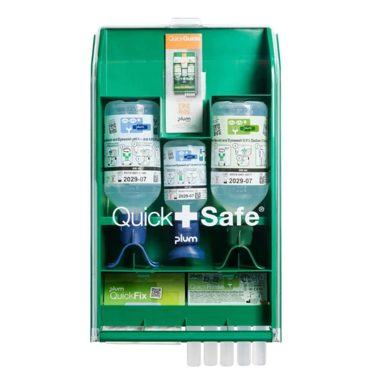 Apteczka ścienna pierwszej pomocy PLUM QuickSafe Chemical Industry – do przemysłu chemicznego, zestaw do przemywania oczu pH Neutral DUO + NaCl DUO + QuickRinse + plastry QuickFix 