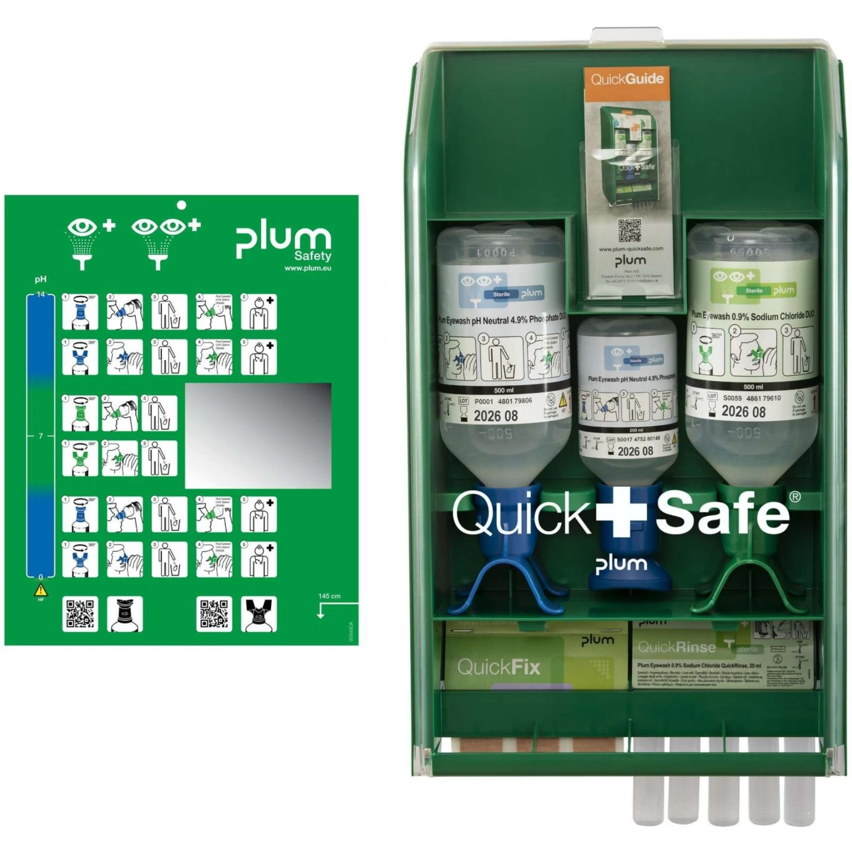 Apteczka ścienna pierwszej pomocy PLUM QuickSafe Chemical Industry – do przemysłu chemicznego, zestaw do przemywania oczu pH Neutral DUO + NaCl DUO + QuickRinse + plastry QuickFix 