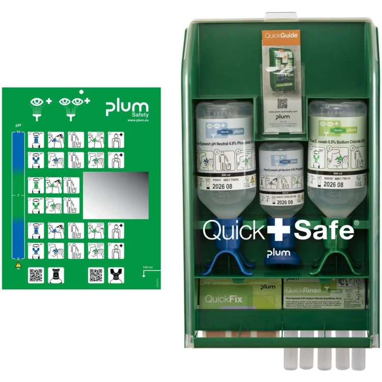 Apteczka ścienna pierwszej pomocy PLUM QuickSafe Chemical Industry – do przemysłu chemicznego, zestaw do przemywania oczu pH Neutral DUO + NaCl DUO + QuickRinse + plastry QuickFix 