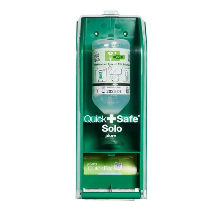 Apteczka ścienna pierwszej pomocy PLUM QuickSafe Solo – zestaw z płukanką do oczu NaCl 0,9% 500 ml i plastrami QuickFix Elastic 