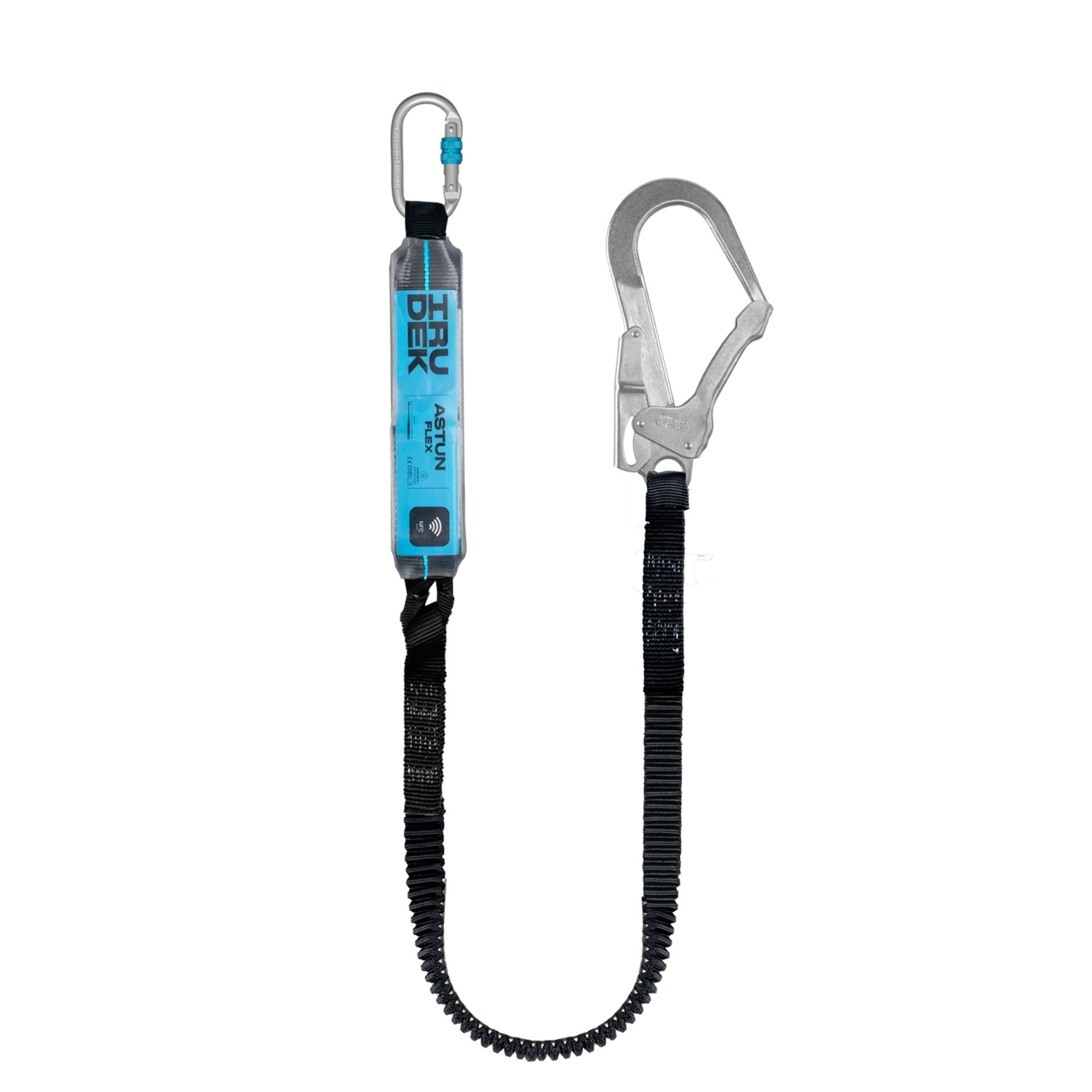Amortyzator bezpieczeństwa ASTUN FLEX I 180HSS – elastyczna taśma poliestrowa 180 cm, karabińczyki 18 mm + 2×50 mm, NFC, redukcja siły upadku <6 kN