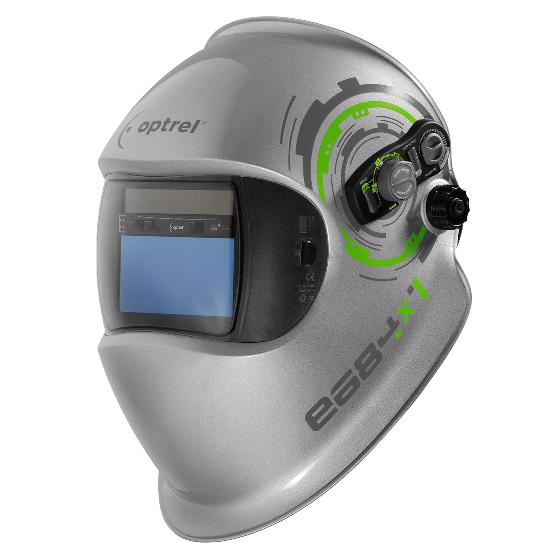 Automatyczna przyłbica spawalnicza e684(z uniwersalnym adapterem do hełmu ochronnego) ze zmiennym zaciemnieniem 4 / 5–13, funkcją Autopilot i trybem manualnym, wizjerem HD (1/1/1/1), funkcją zmierzchu, rozpoznawaniem kolorów, regulacją czułości