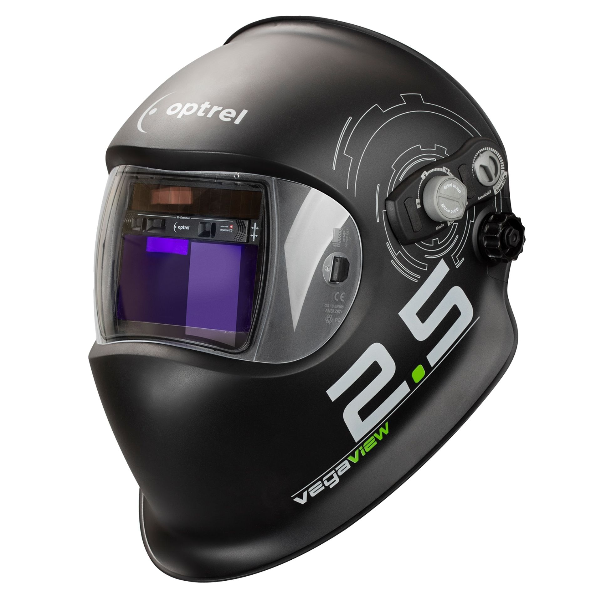 Automatyczna przyłbica spawalnicza vegaview2.5 z regulacją zaciemnienia 2.5/8–12, technologią True Colour, funkcją szlifowania oraz wygodnym nagłowiem Comfort Headband.