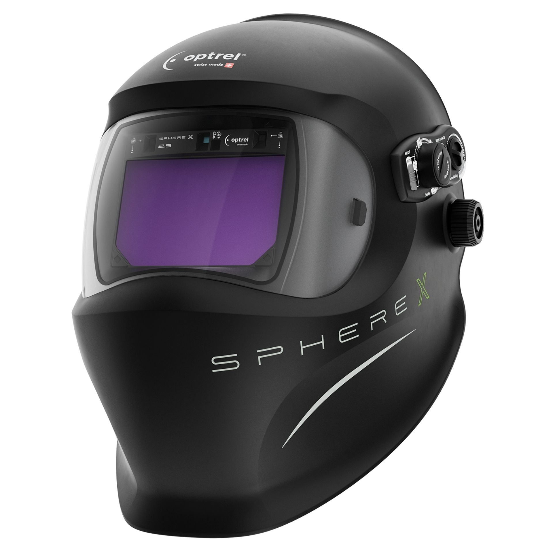 Sphere X 2.5 czarny - hełm spawalniczy z regulowanym zaciemnieniem 2,5/5–12 i funkcją ShadeTronic®, trybem manualnym, opóźnieniem rozjaśnienia dzięki funkcji FadeTronic, realistycznym odwzorowaniem kolorów, regulacją czułości
