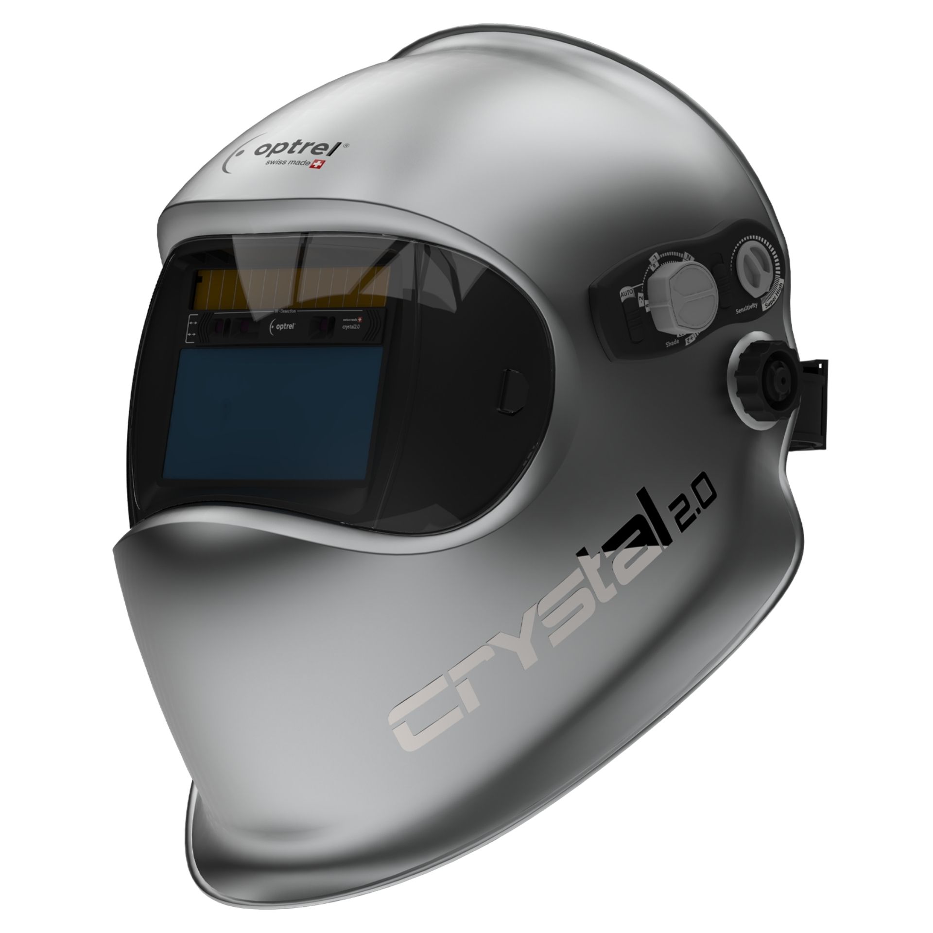 Crystal 2.0 Silver – automatyczna przyłbica spawalnicza ze zmiennym zaciemnieniem 2.0 / 4–12, technologią CLT (Crystal Lens Technology) i srebrną, odbijającą ciepło powłoką. Wyposażona w funkcje: Shadetronic, Fadetronic
