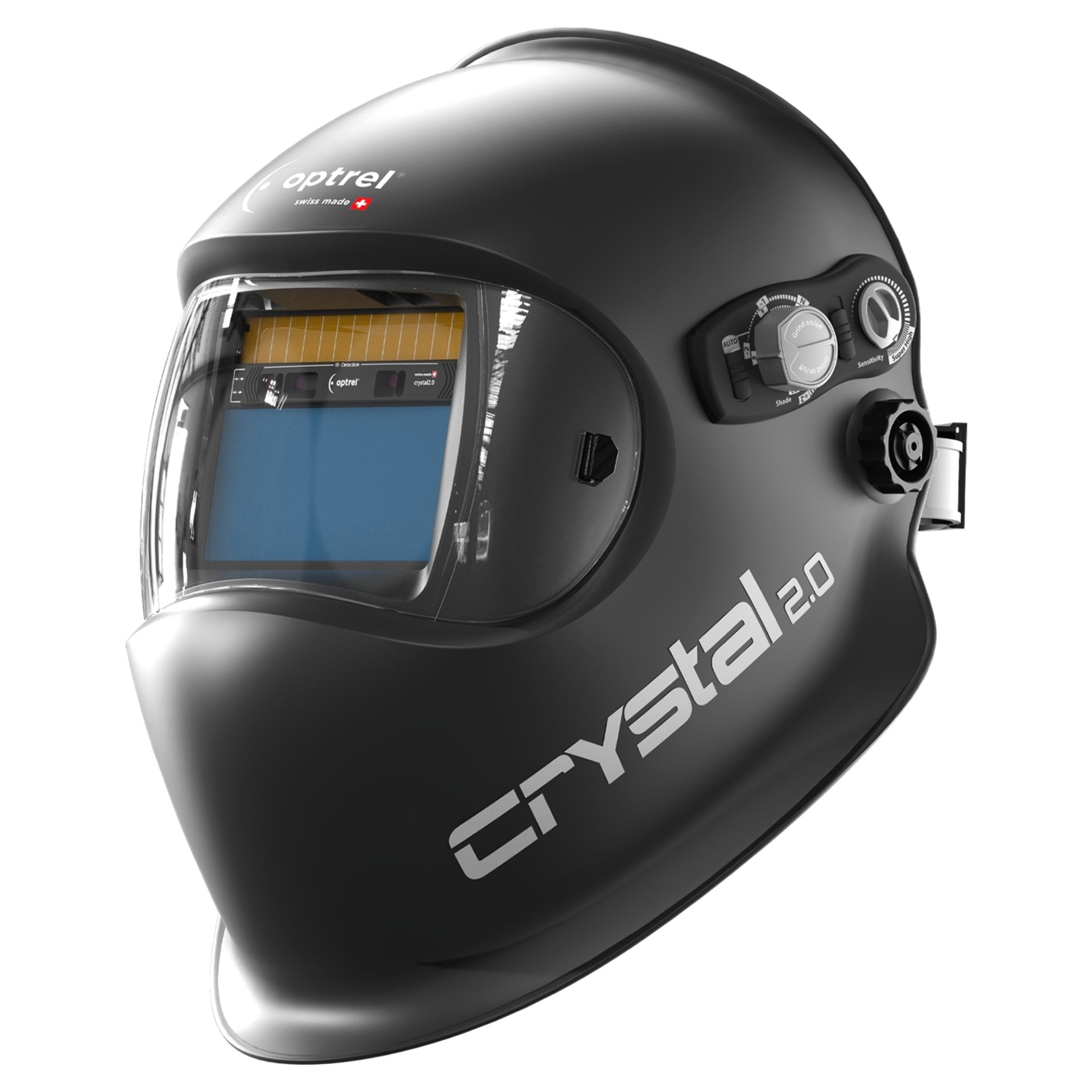 Crystal 2.0 Black – automatyczna przyłbica spawalnicza ze zmiennym zaciemnieniem 2.0 / 4–12, technologią CLT (Crystal Lens Technology). Wyposażona w: Shadetronic, Fadetronic