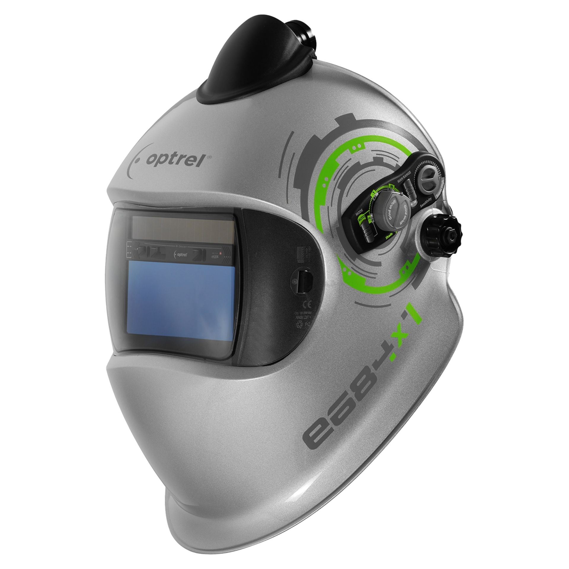 Automatyczna przyłbica spawalnicza E684(srebrna) z dopływem świeżego powietrza, ze zmiennym zaciemnieniem 4 / 5–13, funkcją Autopilot i trybem manualnym, wizjerem HD (1/1/1/1), funkcją zmierzchu, rozpoznawaniem kolorów, regulacją czułości, Sensor Slide