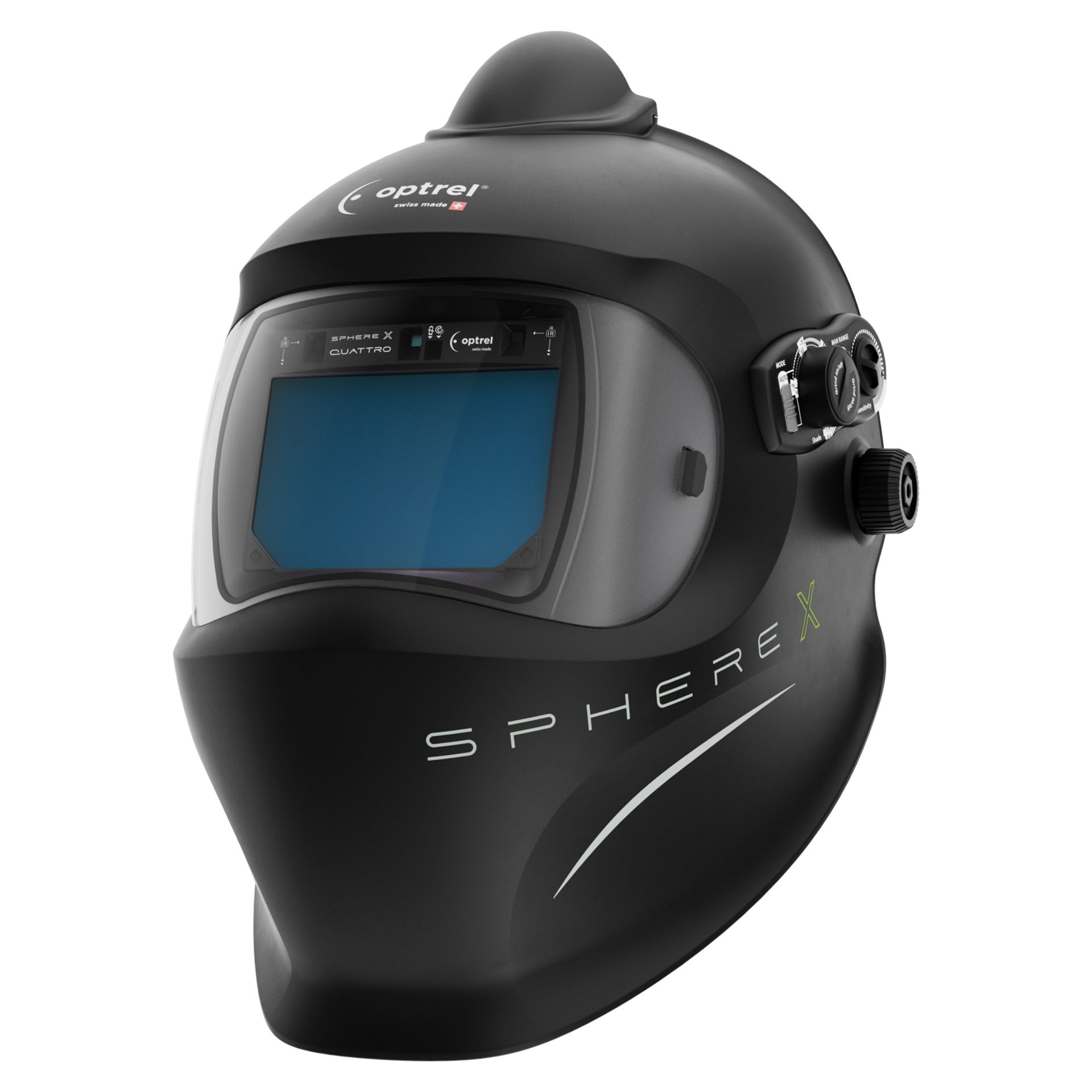 Sphere X quattro pure air czarny -hełm spawalniczy PAPR (e3000X) z regulowanym zaciemnieniem 3/5–13 i funkcją ShadeTronic®, trybem manualnym, obrazem w jakości HD z najlepszą klasą zależności kąta widzenia