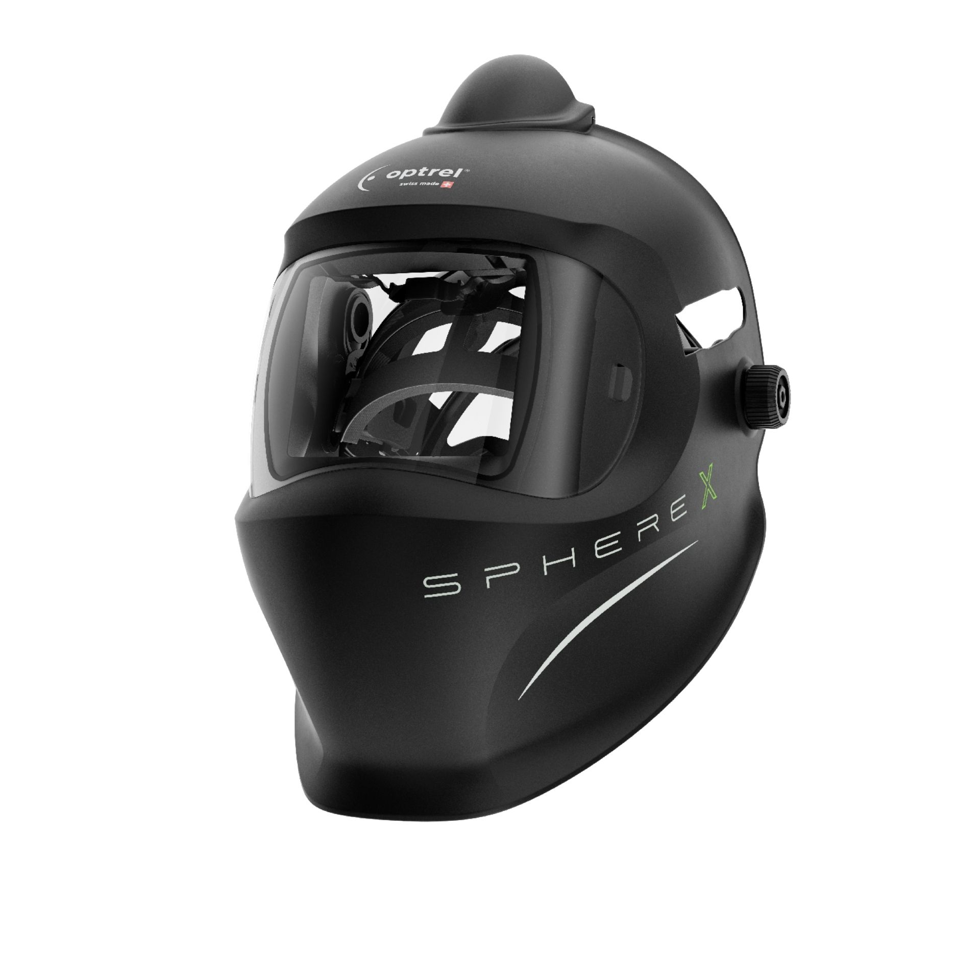 Skorupa hełmu PAPR (e3000X) Sphere X – czarna: skorupa hełmu PAPR bez ADF, wygodne rozprowadzenie powietrza, kanał powietrzny (e3000X), nagłówek IsoFit® X, przednia osłona soczewki i uszczelka twarzy