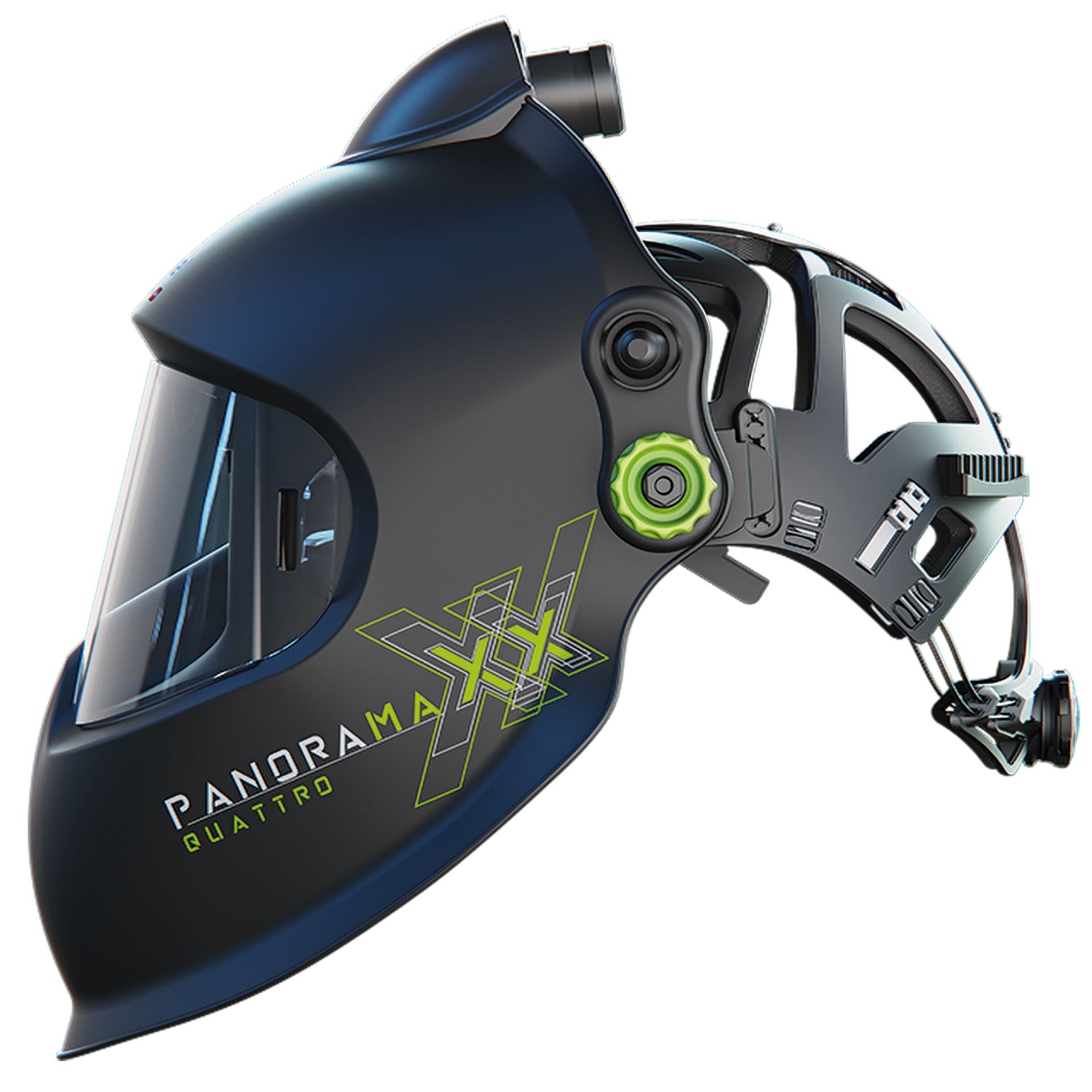 Panoramaxx Quattro – Hełm spawalniczy (e3000/X) z dopływem świeżego powietrza, z najlepszą klasą optyczną 1/1/1/1 i realistycznym panoramicznym widokiem w kolorze, zmiennym poziomem zaciemnienia ShadeTronic®