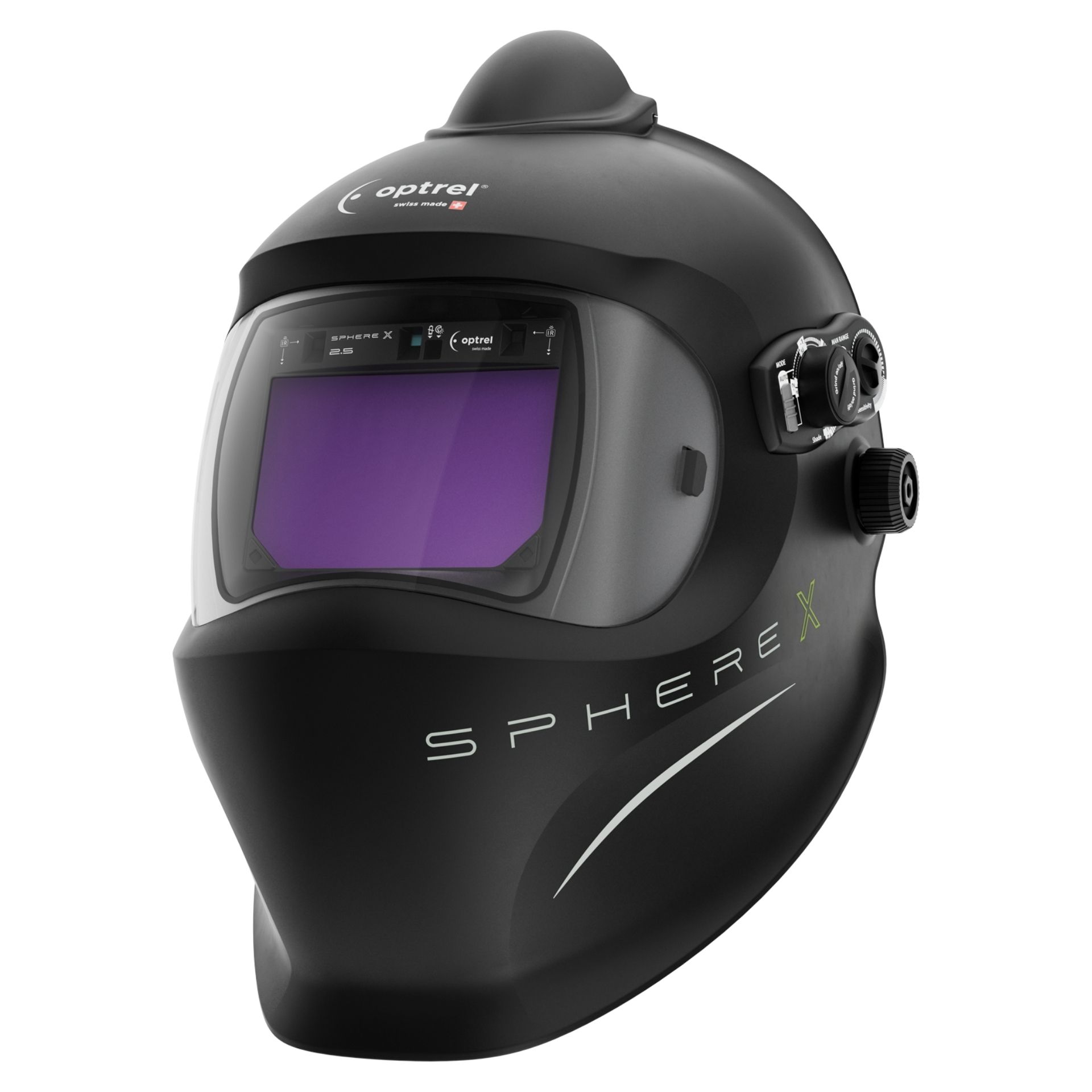 Sphere X 2.5 pure air czarny - hełm spawalniczy PAPR (e3000X) z regulowanym zaciemnieniem 2,5/5–12 i funkcją ShadeTronic®, trybem manualnym, opóźnieniem rozjaśnienia dzięki funkcji FadeTronic, realistycznym odwzorowaniem kolorów, regulacją czułości
