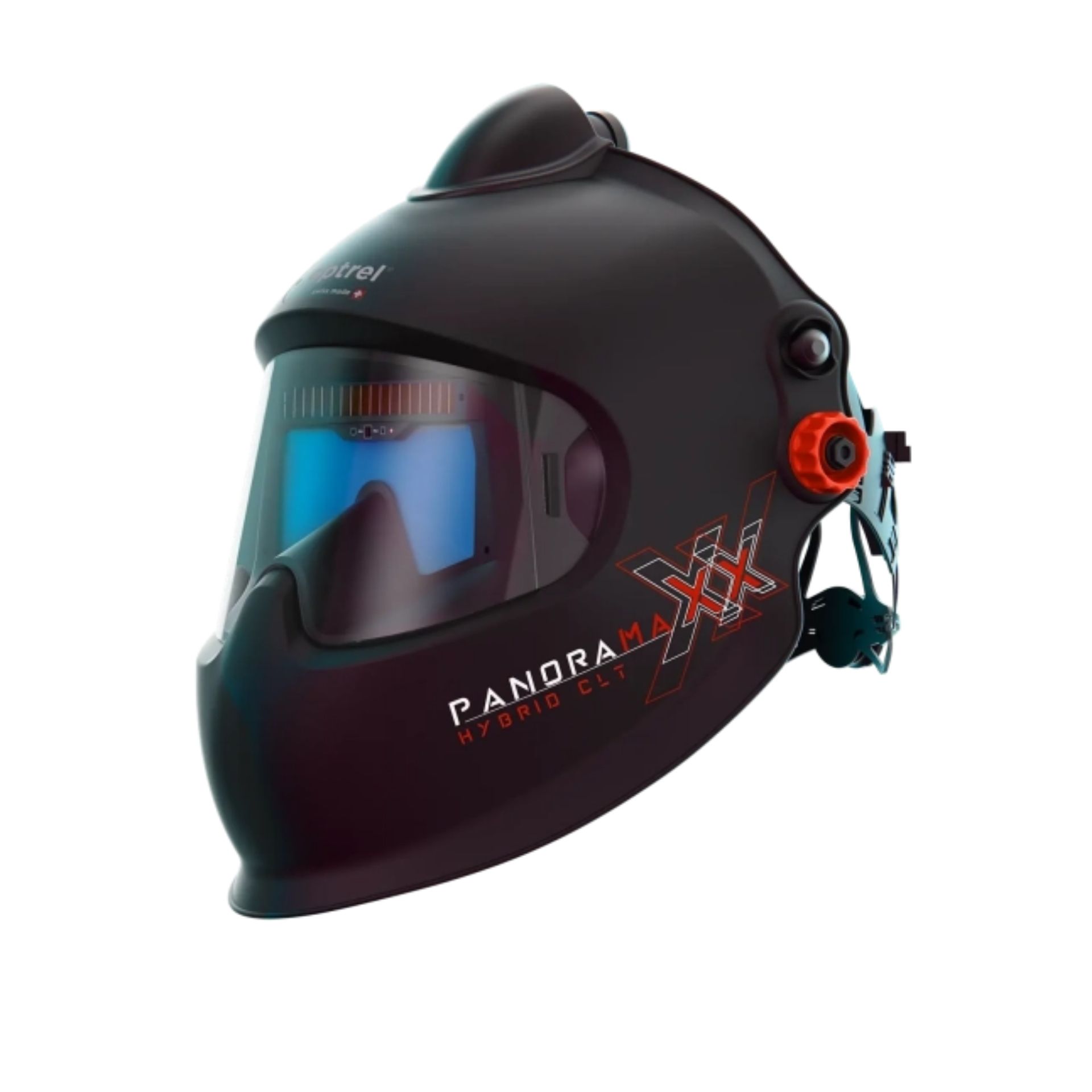 Panoramaxx Pure Air Hybrid CLT – Przyłbica laserowa/spawalnicza z dopływem świeżego powietrza (e3000/X) z technologią Crystal Lens Technology i kolorowym, realistycznym panoramicznym widokiem.