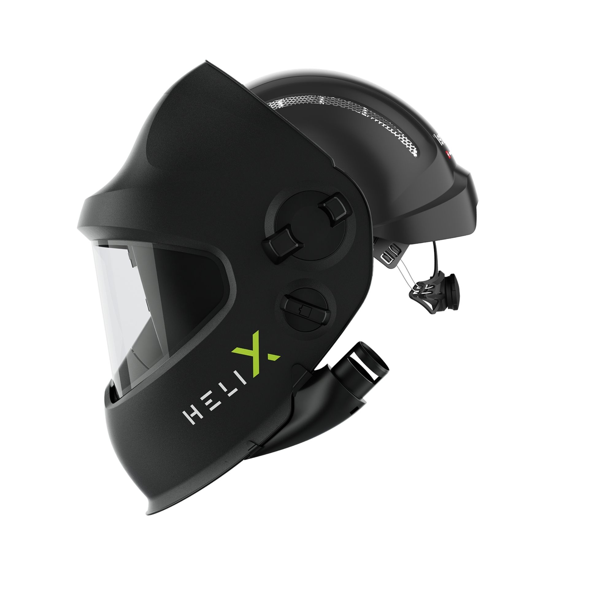 Przyłbica spawalnicza Helix Pure Air Quattro Black - Slide-Up (e3000/X) z przemysłowym hełmem ochronnym (czarnym), z regulowanym poziomem zaciemnienia i technologią ShadeTronic®