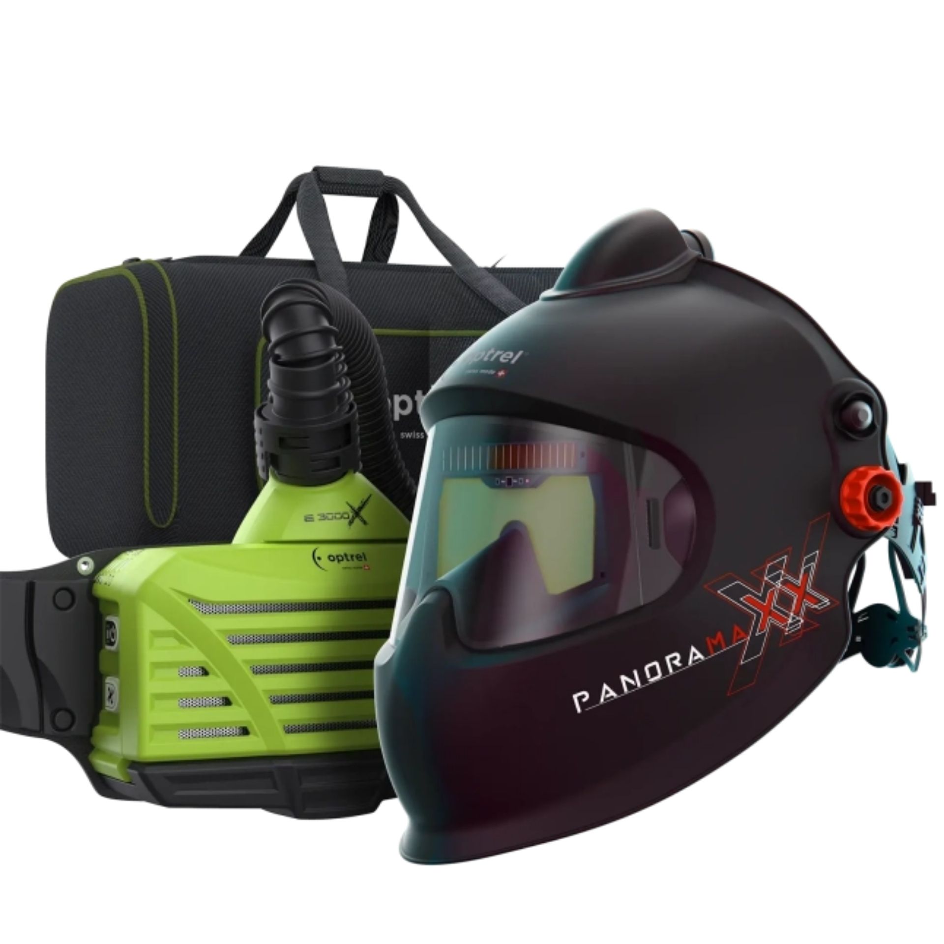 Gotowy zestaw spawalniczy Panoramaxx Pure Air L – Hełm z nawiewem powietrza, dmuchawa e3000X (ATEX), bateria 18h i torba