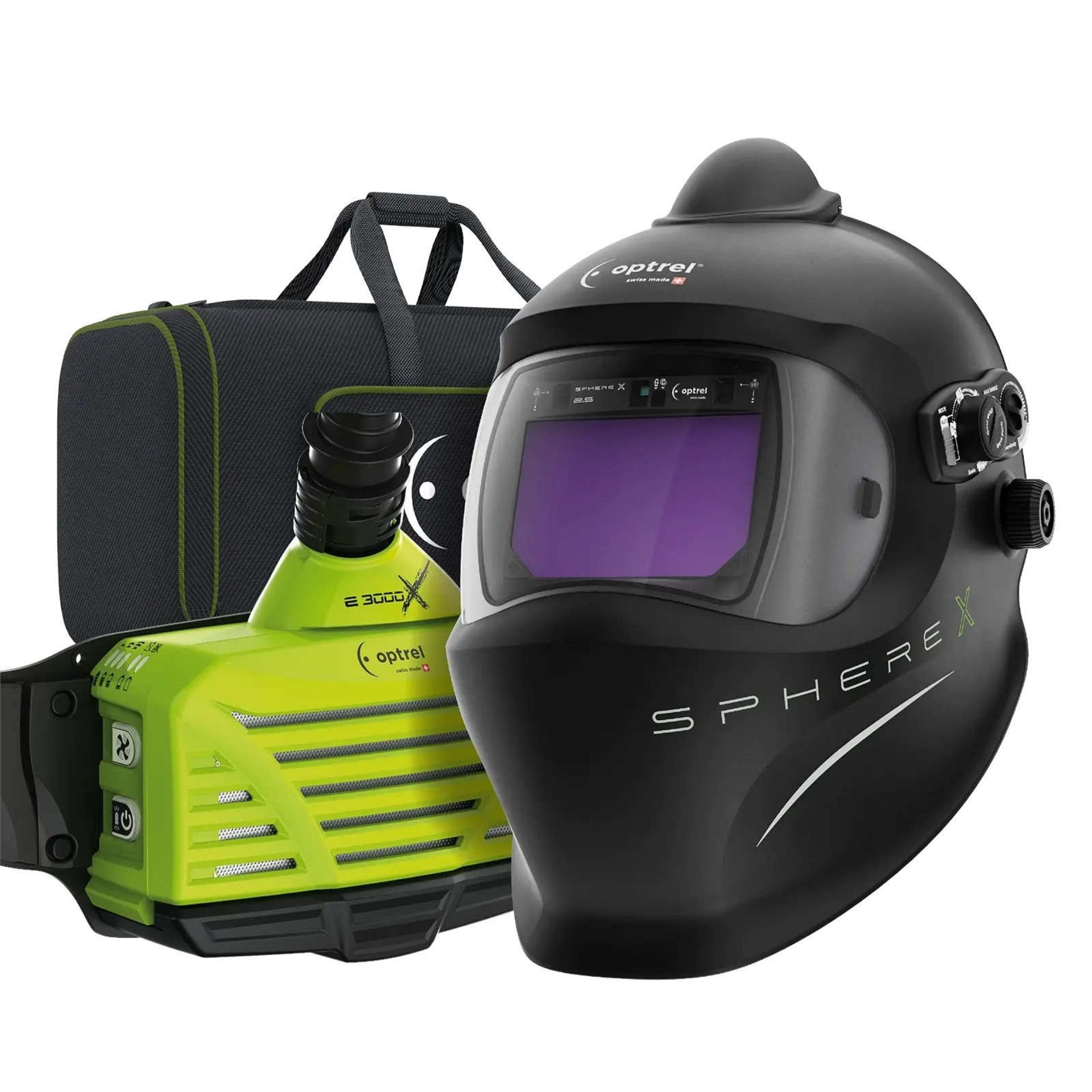 Gotowy zestaw spawalniczy sphere X 2.5 pure air (e3000X): hełm spawalniczy PAPR czarny + jednostka PAPR e3000X z akumulatorem Power (18h), uchwytem Parking Buddy oraz torbą e3000/X
