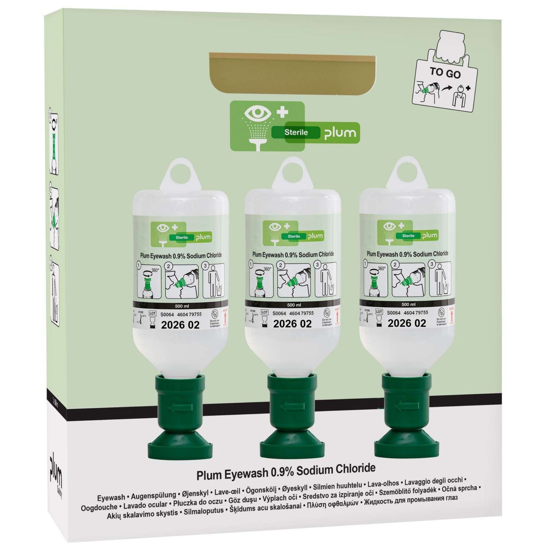Zestaw płynów do przemywania oczu PLUM Eyewash 0,9% 3 × 500 ml z oczomyjką – wersja mobilna