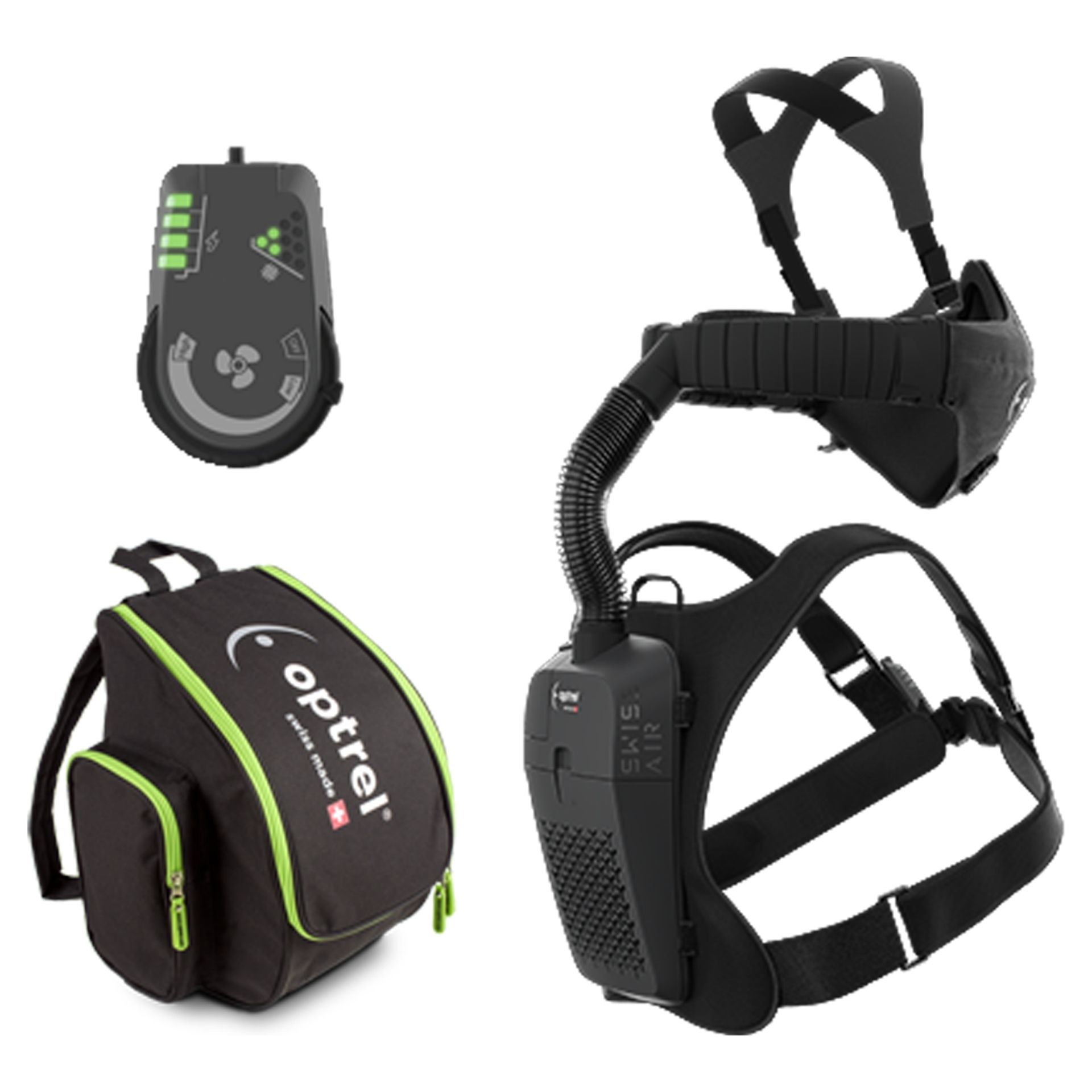 System ochrony dróg oddechowych Swiss Air z panelem sterowania, półmaską, jednostkę nawiewową, uprzężą naramienną, akumulatorem i ładowarką