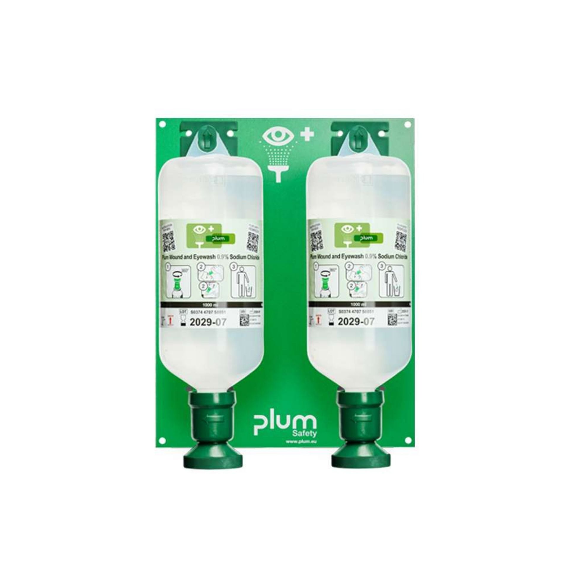 Otwarta stacja do przemywania oczu PLUM Eyewash 0,9% 2 × 1000 ml z oczomyjką