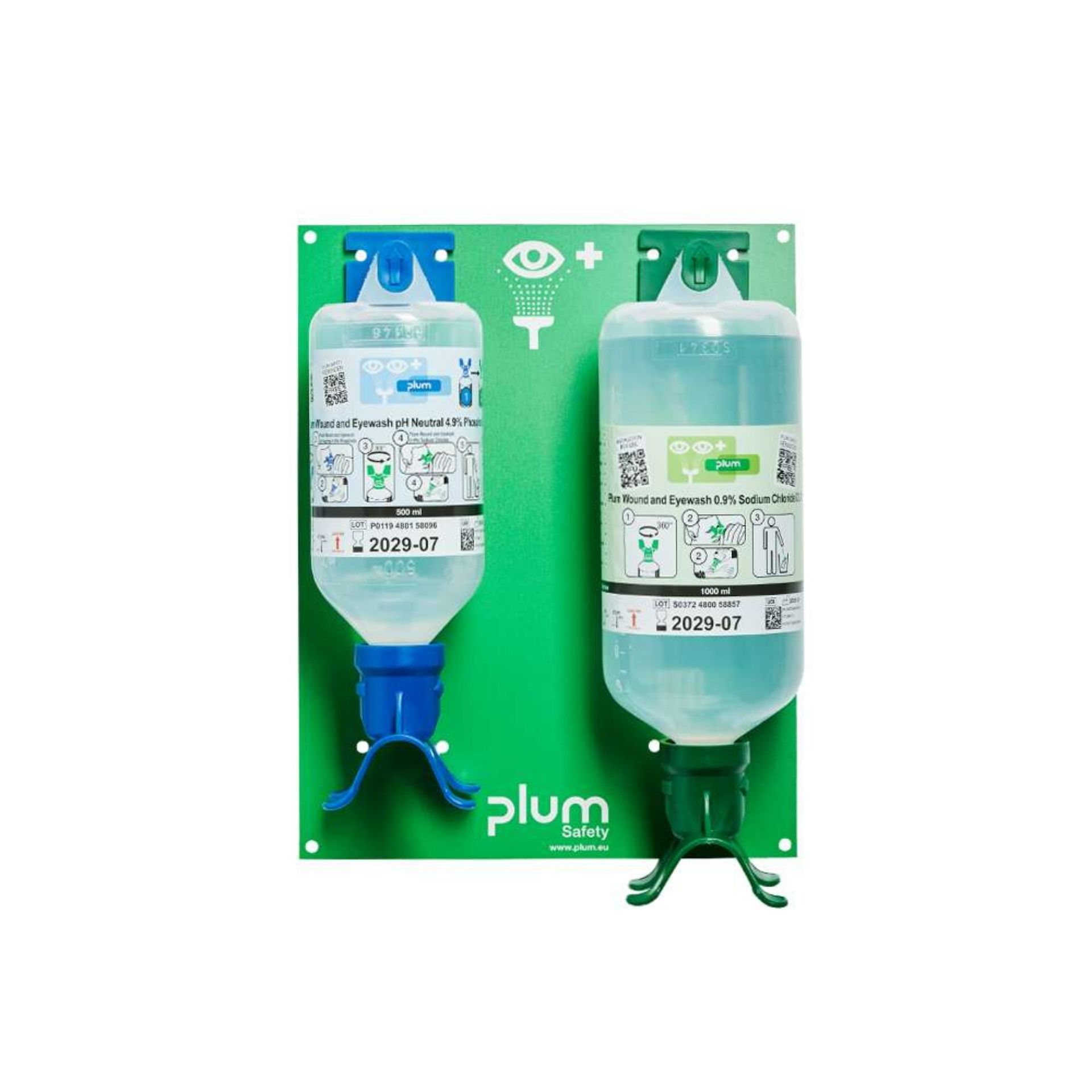 Otwarta stacja do przemywania oczu PLUM Eyewash DUO – pH Neutral 500 ml + 0,9% 1000 ml 