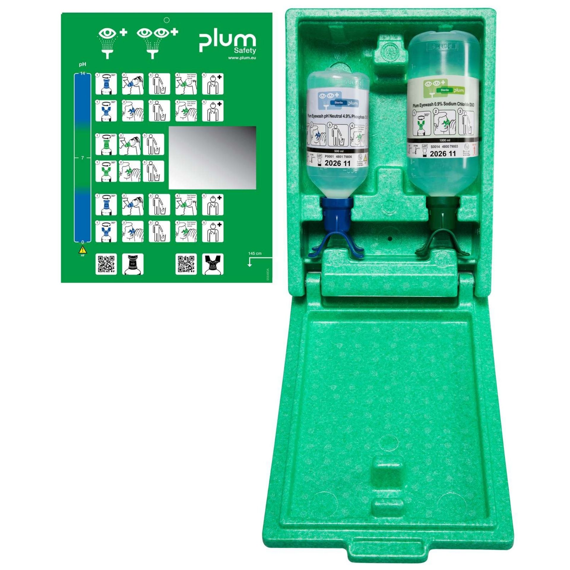 Zamykana stacja do przemywania oczu PLUM Emergency Eyewash DUO – pH Neutral 500 ml + 0,9% 1000 ml