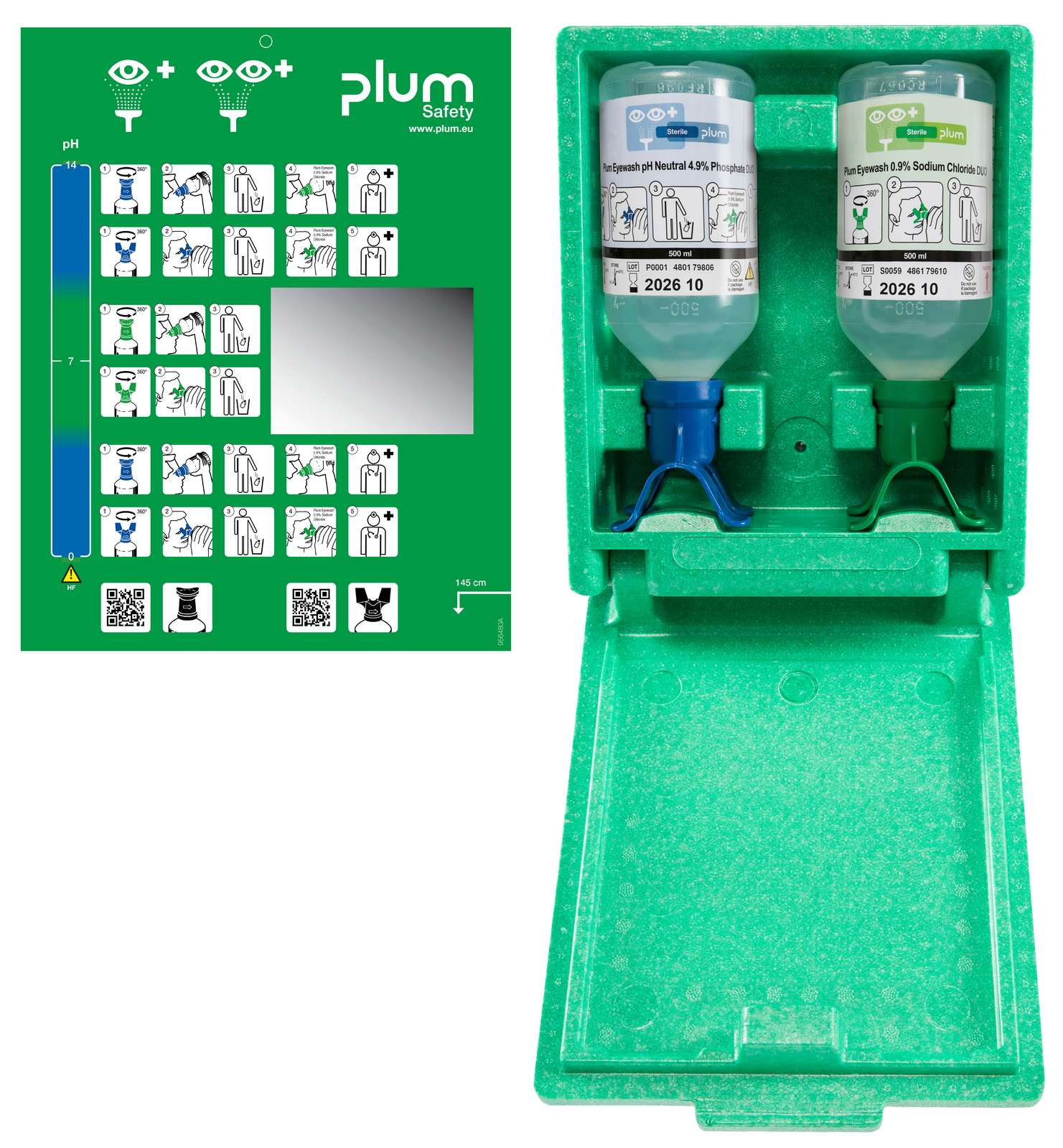 Zamykana stacja do przemywania oczu PLUM Eyewash DUO – pH Neutral 500 ml + 0,9% 500 ml