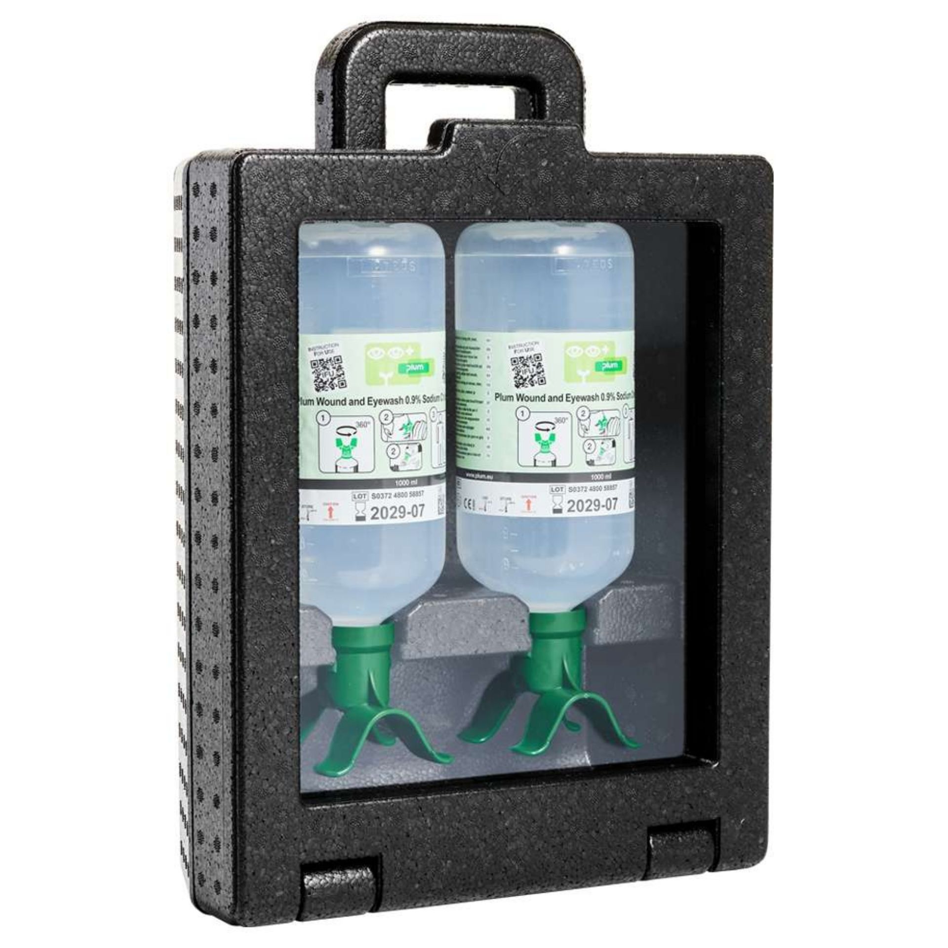 Zamykana stacja do przemywania oczu PLUM iBox 2 Eyewash DUO – 2 × 0,9% 1000 ml