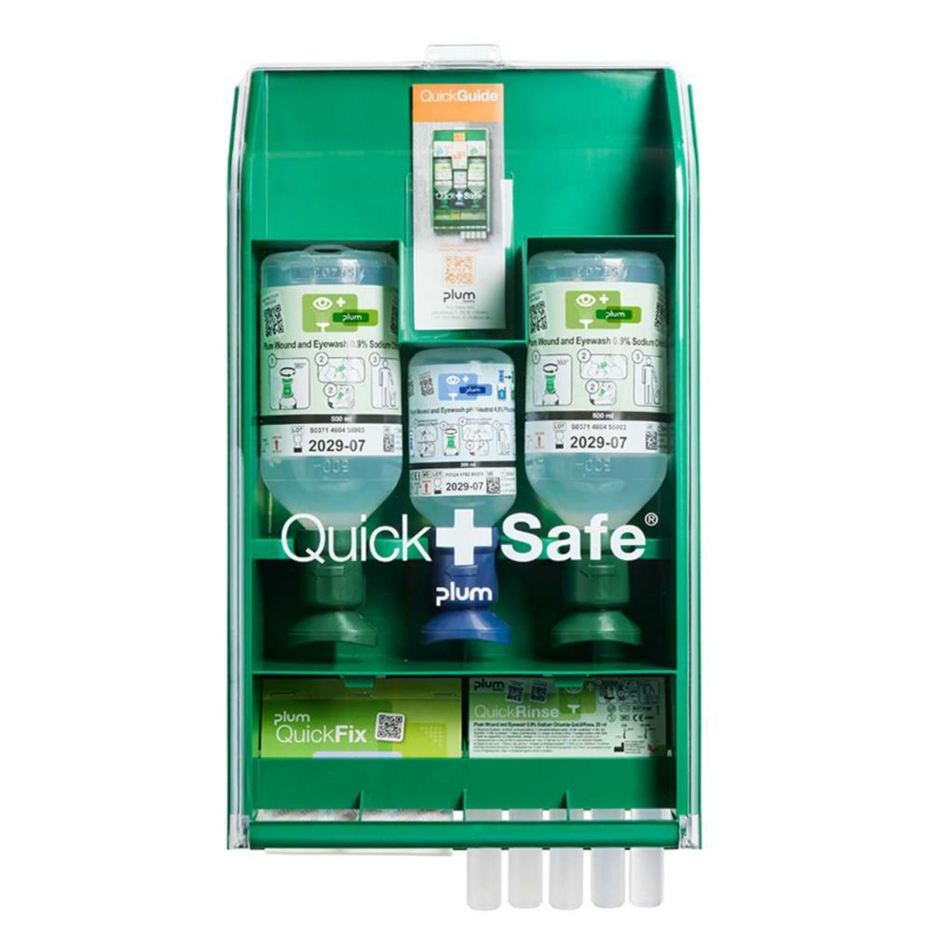 Apteczka ścienna pierwszej pomocy PLUM QuickSafe Basic – zestaw (2× Eyewash 500 ml + pH Neutral 200 ml + QuickRinse 5×20 ml + plastry QuickFix)